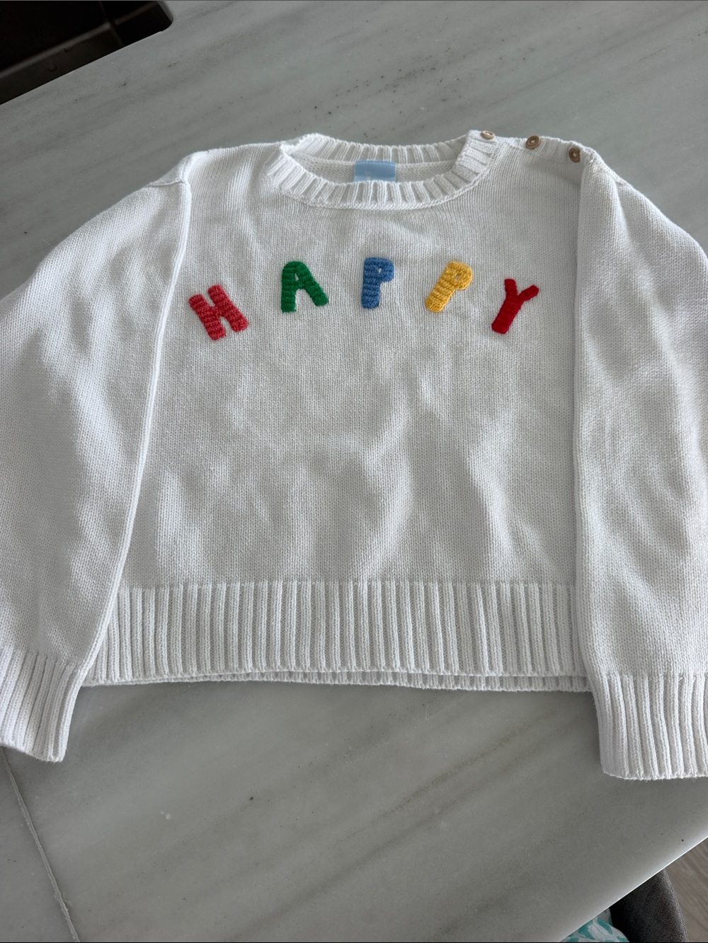 bella bliss White 'HAPPY' Crewneck Sweater with Multi Color Letters